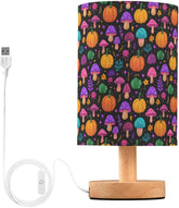 Glowing Pumpkins Mushrooms Bedside Table Lamp Small Desk Lamps Linen Fabric Shade Decorative Nightstand Lamp LED with USB Port Wood Base for Bedroom Living Room