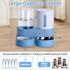 2 Pack Automatic Cat Feeder Stainless Steel Water Dispenser Gravity Food Feeder and Waterer Set with Pet Food Bowl for Small Medium Kitten Puppy Pets Large Capacity(Grey)