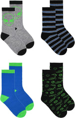 DENSLEY&CO Kids Boys 4-Pack Fun Graphic Crew Socks Bundle | Multiple Colours & Patterns