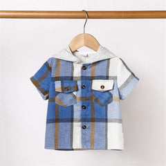 Toddler Baby Boys Plaid Button Down Shirt Short Sleeve Casual Cotton Hoodie Tops with Pockets Kids Tee Summer Clothes