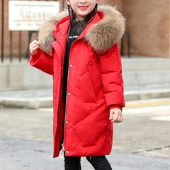 Girls Boys Long Puffer Coat Kids Fur Collar Winter Coat Lightweight Down Jacket Hooded Outerwear for 8-15 Years