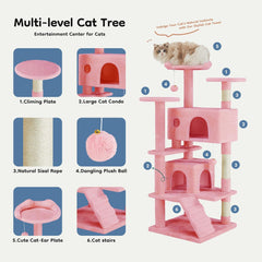 DUMOS 54-inch Indoor Cat Tree Tower –Multi-Level Pet House for Large Cats with 2 Condos, Scratching Posts, Round Platform, Small Ladder, and Toys – Perfect for Cats of All Ages, Dark Grey