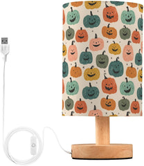Doodle Style Pumpkins Bedside Table Lamp Small Desk Lamps Linen Fabric Shade Decorative Nightstand Lamp LED with USB Port Wood Base for Bedroom Living Room