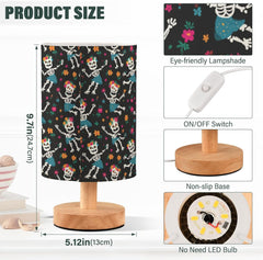 Funny Skeletons Flowers Bedside Table Lamp Small Desk Lamps Linen Fabric Shade Decorative Nightstand Lamp LED with USB Port Wood Base for Bedroom Living Room
