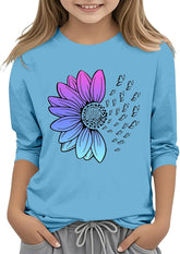 Girls Blue Tshirt Casual Solid Color Round Neck Seven Cuff T Shirt Top 3 13 Years Girls Blue Tshirt