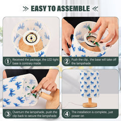 Cute Blue Bows Pattern Bedside Table Lamp Small Desk Lamps Linen Fabric Shade Decorative Nightstand Lamp LED with USB Port Wood Base for Bedroom Living Room