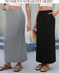 Huukeay 3 Pack Long Maxi Skirts for Women, Back Slit Ankle Length Casual Skirts Elastic Waist Soft Pencil Skirts with Pockets