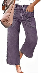 Flamingals Straight Wide Leg Jeans for Women Mid Waisted Casual Raw Hem Denim Capris Pants with Pockets