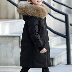Boys Girls Long Hooded Down Jacket Kids Winter Warm Puffer Down Coat with Furry Hood Outerwear Windproof Padded