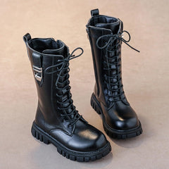 Girls Riding Boots Knee High PU Leather Motorcycle Boots Side Zipper Mid Calf Shoes for Toddler/Kids