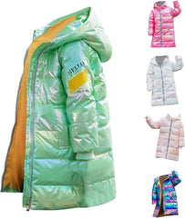 Boy's Girls Shiny Windproof Down Jacket Kids Long Sleeve Thicken Warm Fleece Hooded Jackets Outerwear Winter