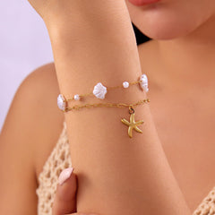 1PC Star-shaped Pearl Bracelets, Adjustable Layered Ocean Hand Chain, Hypoallergenic Beach Jewelry, Stackable Sea Theme Bracelet, Durable Ocean Inspired Accessory (Gold&White)