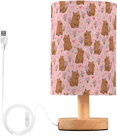 Brown Capybaras Flower Bedside Table Lamp Small Desk Lamps Linen Fabric Shade Decorative Nightstand Lamp LED with USB Port Wood Base for Bedroom Living Room