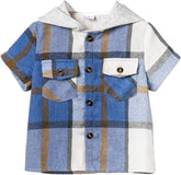 Toddler Baby Boys Plaid Button Down Shirt Short Sleeve Casual Cotton Hoodie Tops with Pockets Kids Tee Summer Clothes