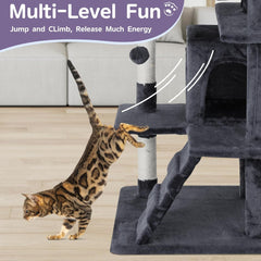 54in Cat Tree Tower Multi-Level Activity Center Durable Cats Jumping Platform Pet Play House for Indoor Cats with Scratching Posts, Cat Condo, Climbing Ladder & Plush Toys (Pink)