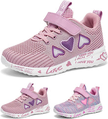 Girls Cute Heart Running Sneakers Mesh Non-Slip Athletic Shoes Lightweight Lace-Up Gym Walking Popular Girls Shoes