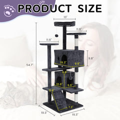 54in Cat Tree Tower Multi-Level Activity Center Durable Cats Jumping Platform Pet Play House for Indoor Cats with Scratching Posts, Cat Condo, Climbing Ladder & Plush Toys (Pink)