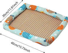 Natural Rattan Pet Cooling Bed Mat for Cats Dogs, Summer Washable Window Cat Bed Floor Sleeping Mats, Breathable Washable Linen Woven Mat with Raised Edge, Square Pad for Indoor Cats (Dark Blue, S)