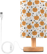 Cute Flowers Pumpkin Bedside Table Lamp Small Desk Lamps Linen Fabric Shade Decorative Nightstand Lamp LED with USB Port Wood Base for Bedroom Living Room