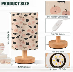 Cute Pastel Pumpkin Bats Bedside Table Lamp Small Desk Lamps Linen Fabric Shade Decorative Nightstand Lamp LED with USB Port Wood Base for Bedroom Living Room