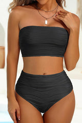 High Waisted Bandeau Bikini Set - Women Strapless Two Piece Swimsuits Ribbed Longline Full Coverage Bathing Suits Swimwear