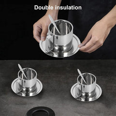 plplaaoo Coffee Mug Set, Stainless Steel Coffee Cup,Double Wall Insulated Coffee Mug with Saucer and Spoon,with Handle,for Latte,Milk,Tea,Cappuccino(Milano Double Layer Suit-180ML), coffee mug esp