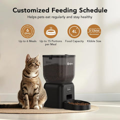 Automatic Dog & Cat Feeder with Freshness Preservation, 4L Timed Cat Feeder with LCD Screen.Up to 6 Meals Per Day and 1-15 Portion for Cats & Dog (Black)