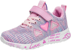Girls Cute Heart Running Sneakers Mesh Non-Slip Athletic Shoes Lightweight Lace-Up Gym Walking Popular Girls Shoes