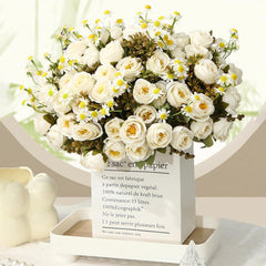 Artificial Flowers Fake Flower,Flower Bouquet with Rose Chamomile Green Leaves Realistic Reusable Non-Withering Home Wedding Party Faux Floral Plant Decoration Photo Props Wine Red