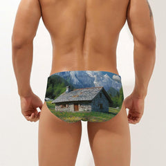 Mountain Cabin View Men's Swimsuit Brief Beach Shorts Bikini Swimwear Sexy Swimming Trunks