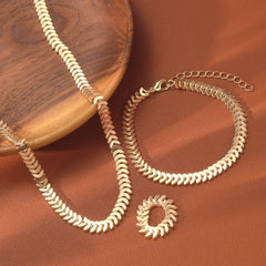 3PCS Flat Snake Chain Jewelry Set, Women's Wheat Motif Necklace, Bracelet, and Ring Set, Trendy Gold Tone Stackable Fashion Accessories, Jewelry Set (Gold)