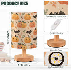 Cute Pumpkins Bats Leaves Bedside Table Lamp Small Desk Lamps Linen Fabric Shade Decorative Nightstand Lamp LED with USB Port Wood Base for Bedroom Living Room