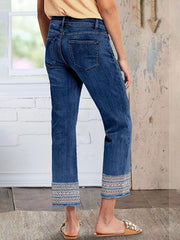 Flamingals Straight Leg Jeans for Women Low Rise Cropped Jeans Wash Embroidery Raw Hem Denim Pants