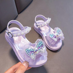 Girls' Pearl Sandals Summer Children's Soft Soled Girls' Princess Sandals Toddler Pool Bowknot Rhinestone Sparkingly Flat