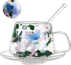 belupai Double Walled Glass Coffee Mugs, 250 ml Dried Flowers Glass Teacup with Saucer Set, Double Layer Insulated Coffee Mug with Handle and Spoon Demitasse for Home Office