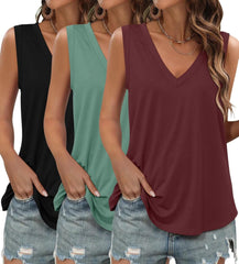 KKJ 3 Pack Womens Tank Tops Workout Summer Vacation Outfits V Neck Loose Sleeveless Blouse Casual Shirts Fall Fashion Clothes
