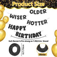 Older Wiser Hotter Banner - Pre Strung Glitter Black Fun Happy Birthday Garland for Women Men Black Birthday Decorations Retirement Party Supplies