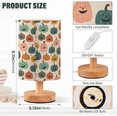 Doodle Style Pumpkins Bedside Table Lamp Small Desk Lamps Linen Fabric Shade Decorative Nightstand Lamp LED with USB Port Wood Base for Bedroom Living Room
