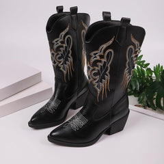 Women's Cowboy Boots Square Toe Wide Calf Cowgirl Boots Pointed Toe Chunky Heel Vintage Country Western Wide Calf Botas