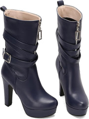 Fashion Block High Heels Mid Calf Boots Platform for Women