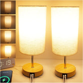 Bedside Table Lamp for Bedroom - 3 Way Dimmable Touch Lamp with USB and Type-C Charge Port, Small Wood Base Round Flaxen Fabric Shade Lamp Living Room,Bedroom Use(Yellow Color Base)
