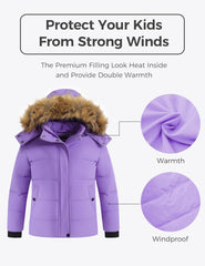 wantdo Girls' Puffy Winter Coats Thick Printed Quilted Jacket with Faux Fur Hood