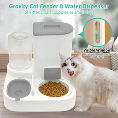 Fhiny Gravity Cat Feeder & Water Dispenser, 2 in 1 Automatic Puppy Waterer Removable Stainless Steel Food Bowls Set Self Feeding Pet Food Storage for Cat Kitten Puppy Easy Clean (White)