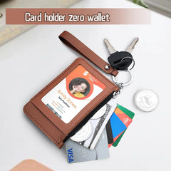 Slim Minimalist Front Pocket Wallet, PU Leather Credit Card Holder with Zipper, Keychain Wallet for Men & Women (Brown)