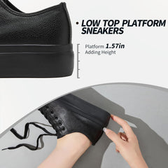 Rominz Women's White Platform Sneakers PU Leather Platform Shoes Classic Black Low Top Sneakers Casual Walking Shoes for Women