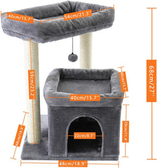 32" Cat Tree Tower for Indoor Cats - 2 Cozy Condos, Multi-Level Cat Scratching Posts with Sisal, Soft Padded Perch, 2 Dangling Toys, Dark Grey