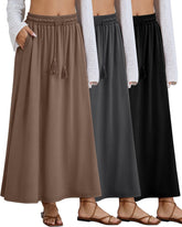 3 Pack Women's Maxi Long Skirts, Ankle Length a Line Elastic High Waist Flowy Boho Casual Skirt with Pockets