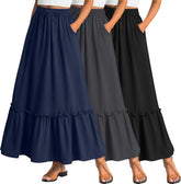 Ficerd 3 Pack Women's Boho Maxi Skirts, Long Tiered Skirt Flowy Ruffle High Waist Drawsting Casual Dress with Pockets