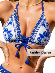 CUPSHE Women's Bikini Sets Two Piece Swimsuit Bathing Suit Halter V Neck Lace Up Self Tie Mid Rise