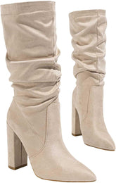 Knee High Boots Women 2025 Women's Chunky High Heels Side Zipper Pointed Toe Dress Suede Tall Boots Slouchy Fashion Womens Shoes